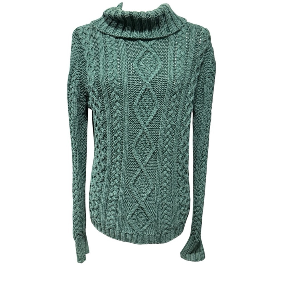 Eddie Bauer VTG Cable Knit Turtle Neck Sweater Petite Med 90s Y2K Chunky Green